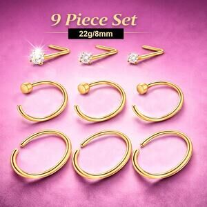 8mm/22g Gold-Tone Stainless Steel Hypo 9 Pc Hoop Stud CZ Nose Ring Set